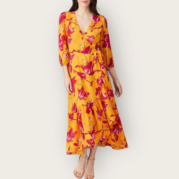 Color Me Courtney Eleanor Floral Maxi Wrap Dress Medium Yellow Pink Romantic - Picture 2 of 10